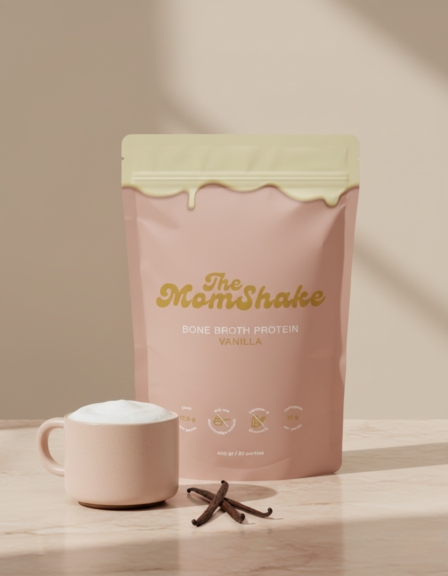 The MomShake protein powder package with a cup of powder and vanilla beans on a wooden surface.